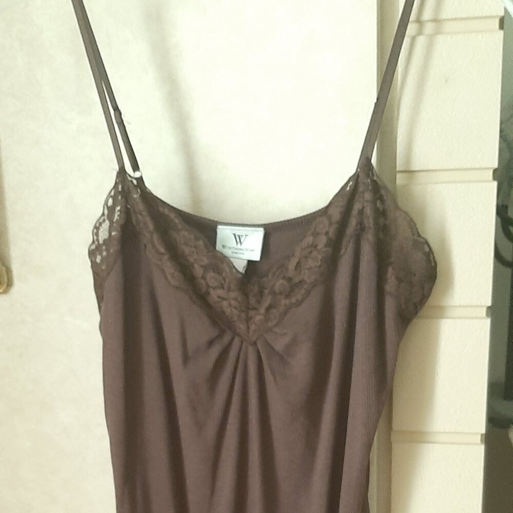 Worthington dk brown stretch camisole top, Sz L, Lace soft knit, cotton, spandex - Picture 3 of 6